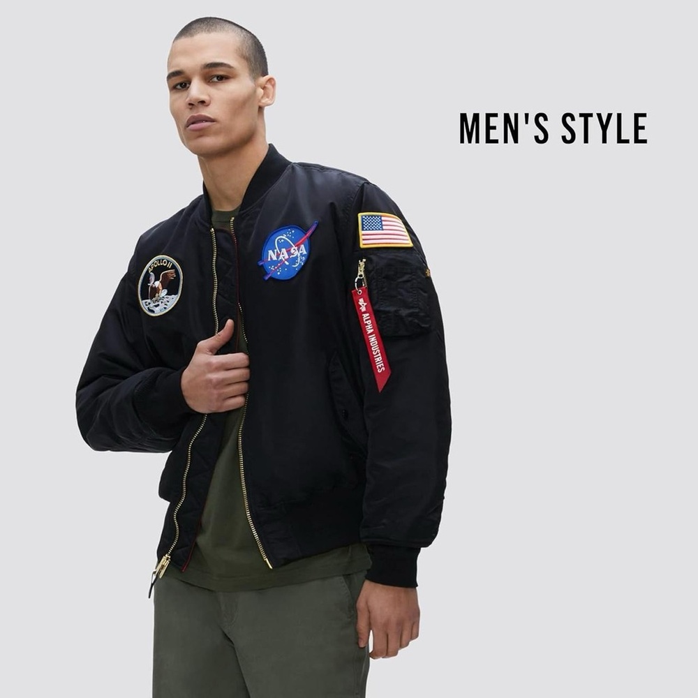 Men's Black Bomber Jacket with Space Patches
